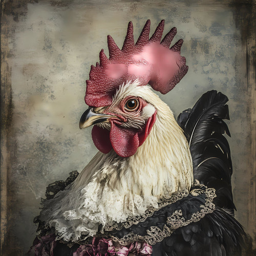 Regal Rooster white, with a prominent, fiery-red comb on its head and a black ta