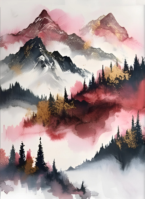 Set of 3 Red Mystic Mountains Wall Art Prints Abstract Art Posters Mountain Set