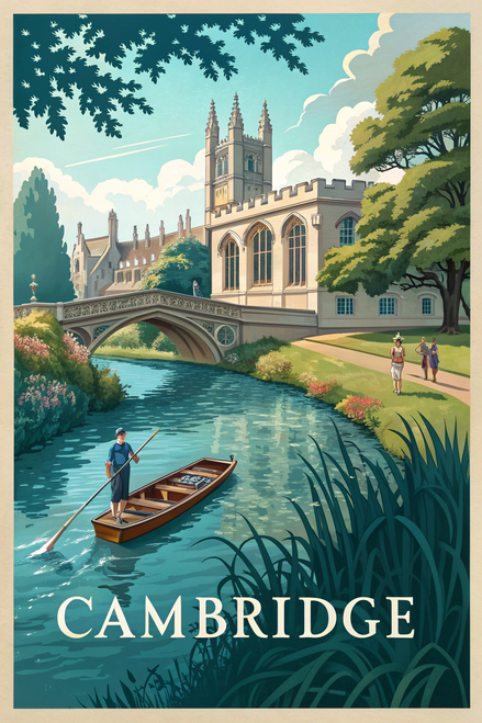 Captivating Cambridge England Travel Poster - Punting on River Cam Art Print Pos