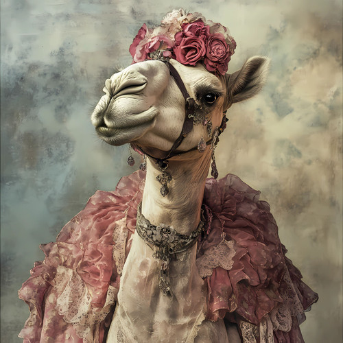 Lady Camel with a pink, frilly robe and a floral headpiece made of roses, with a