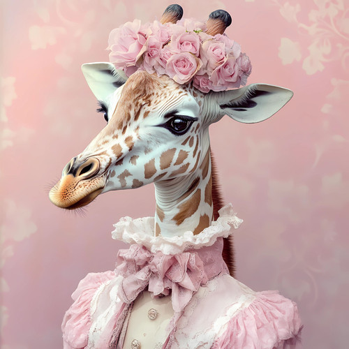 Lady Giraffe with a delicate pink rose floral headpiece and a frilly, pastel-col