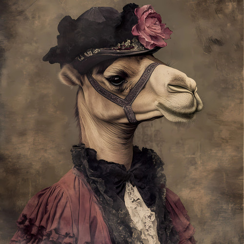 Lady Camel with a black hat featuring a rose, a black lace-like layer, and a cl