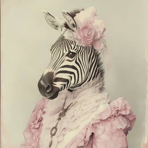 Lady Zebra dressed in a pink and white outfit and a delicate rose headpiece. Pos