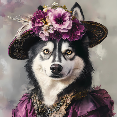 Siberian Husky with a decorative hat featuring a floral arrangement, primarily f