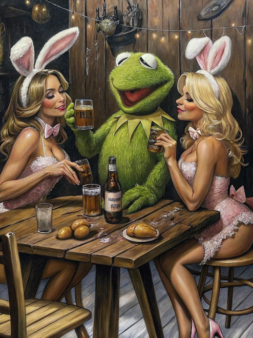 Erotic Funny not nude naked sexy Picture Kermit and two Playboy bunnies Wall art