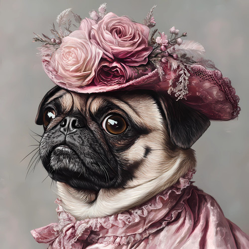 Pug with a pink hat featuring a floral design, including roses and smaller flowe