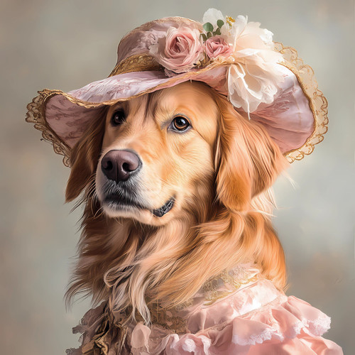 Golden Retriever with a pink-themed accessory, including a wide-brimmed hat dec