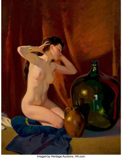 FREDERICK SANDS BRUNNER (American, 1886-1954). Pensive Art Deco Nude. Oil Poster