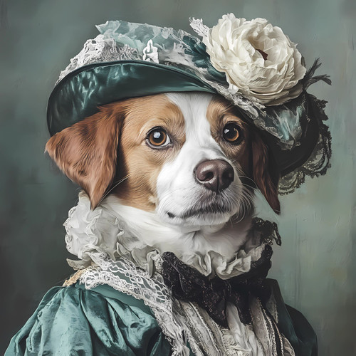 a dog with a distinctive, whimsical appearance in hat whit white flower Poster C