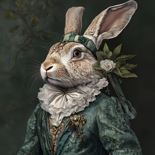 Lady Rabbit with a rich, earthy color palette, is adorned with a decorative gree