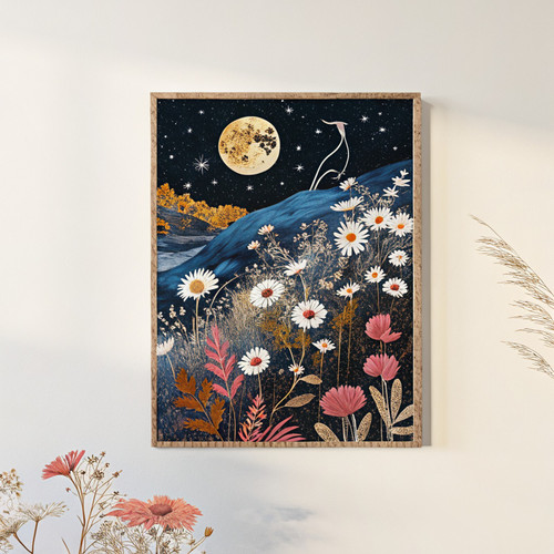 Moon and pastel flowers vintage block print style art print - Mystical celestial