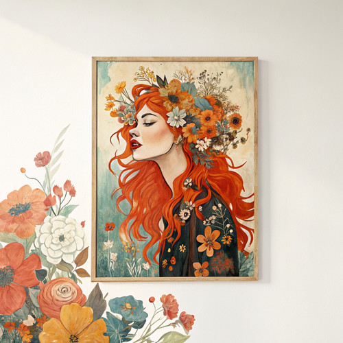 1960s bohemian style woman and flowers art print - 60s style aesthetic 60s fashi