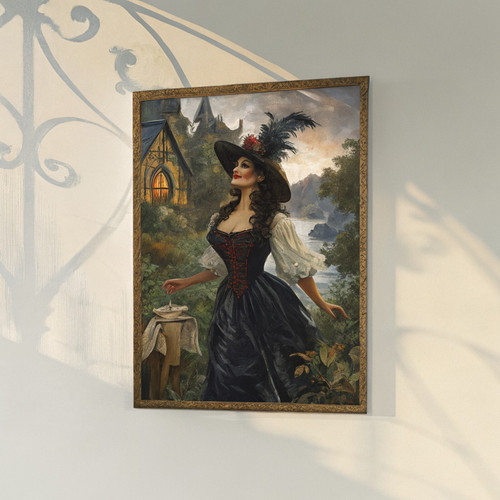 Beautiful witch outside cottage art print - Magical ethereal mystical witch cott