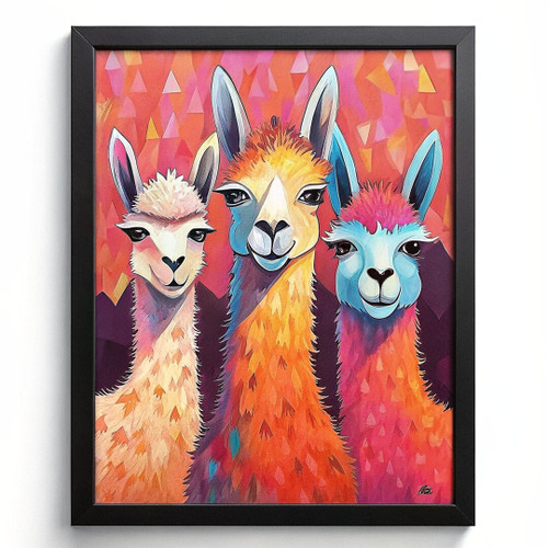 Three Llamas Print Animal Wall Art Framed Picture Colourful Alpaca Artwork Gift