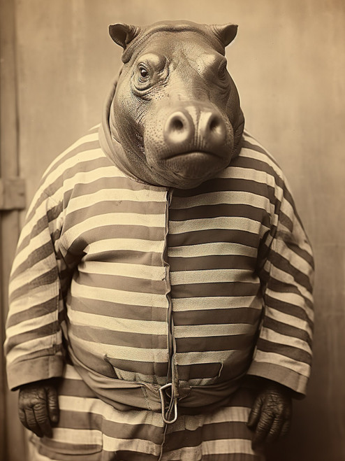Hippo in Prison-3--3by4 Poster Canvas Funny Annimals Pritnt A0 A1 A2 A3 A4 A5 A6