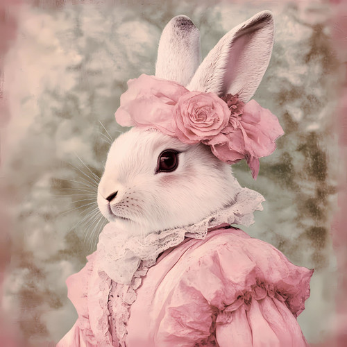 Princess Rabbit in a pink, ruffled dress with lace details and a large, soft, p