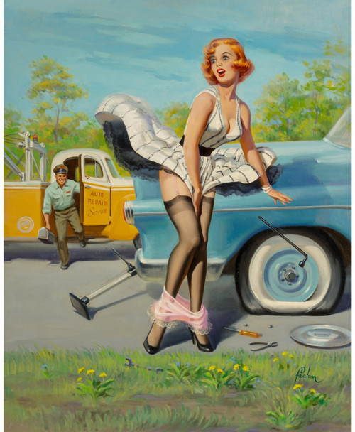 Art Frahm - Pinup Girl - Tow Truck Flat Tire Poster Canvas Print Art Painting De