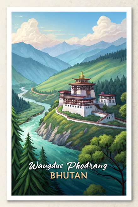 Mystical Wangdue Phodrang Bhutan Travel Poster - Majestic Dzong Art Print Poster Mystical Wangdue Phodrang Bhutan Travel Poster - Majestic Dzong Art Print Poster