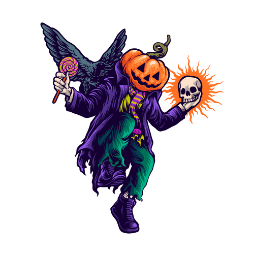 Halloween dancing pumpkins and crows illustration Poster Canvas Movie Film Print