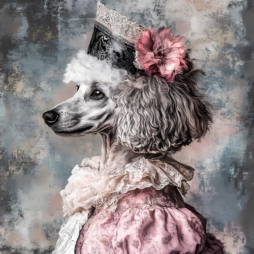 Poodle with a crown-like headpiece featuring intricate lace and a pink, ruffled