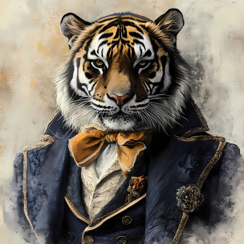 Gentelman Tiger in a blazer with intricate detailing, buttons, and a decorative