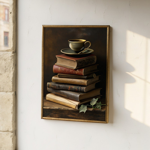 Books and coffee cup art print - Nostalgia dark academia gloomy night time cosy