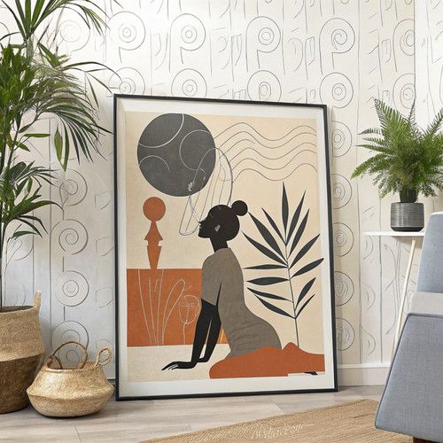 Boho Art Print Minimalist Black Woman Yoga Aesthetic Poster Digital Printable Wa
