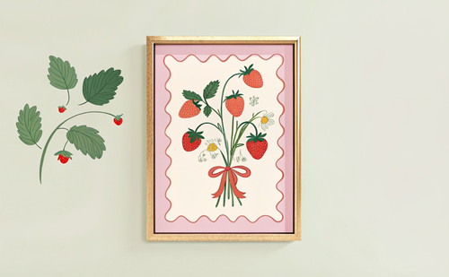 Strawberry Bouquet Coquette Red Bows on Pink Colourful Art Print - Unframed A6 A