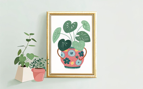 Chinese Money Plant Antique Painted Vase Botanical House Plant Art Print - Unfra