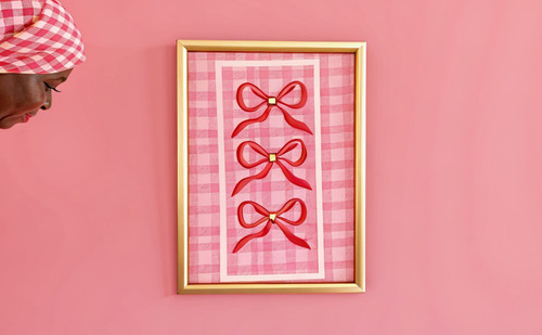Coquette Red Bows on Pink Gingham Ribbon Colourful Art Print - Unframed A6 A5 A4