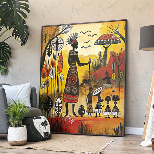 African Village Children and Their Mom Wall Art African Poster Afrocentric Abstr