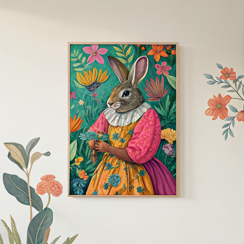 Maximalist eclectic fashionista rabbit art print - Bold animal portrait altered