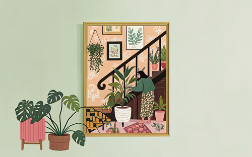 Botanical Boho Banister Stairs Hallway Geo Tile House Plants Art Print - Unframe