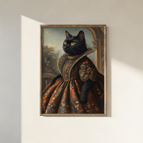 Victorian black cat in gothic dress art print - gothic cat portrait renaissance