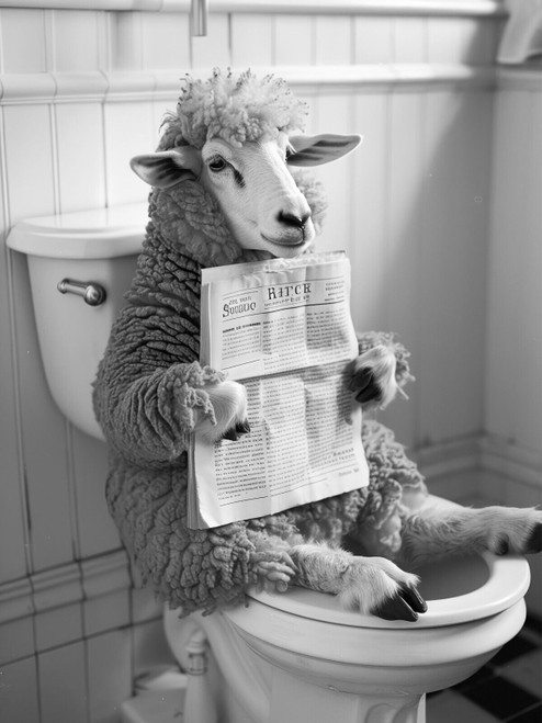 Sheep on Toilet-BlackAndWhite-3by4 Poster Canvas Funny Annimals Pritnt A0 A1 A2