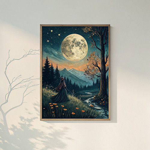 Magical witch under full moon art print - mystical magical beautiful enchanting