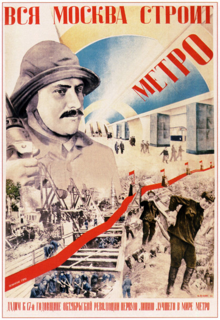 Russian USSR Poster Vsya moskva stroit Metro 1934 Klucis Poster Canvas Movie Fil