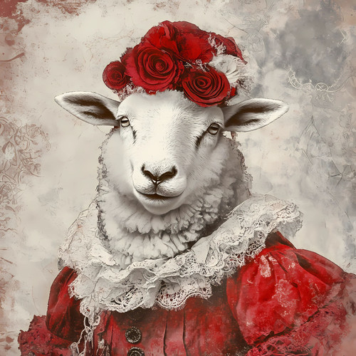 Lady Sheep in a traditional, ornate outfit, primarily in shades of red and white