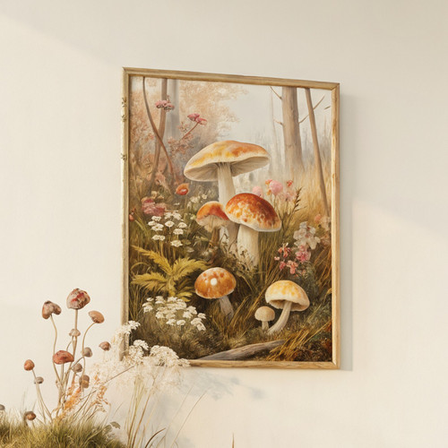 Pretty delicate mushrooms art print - cottagecore woodland nature magical poster