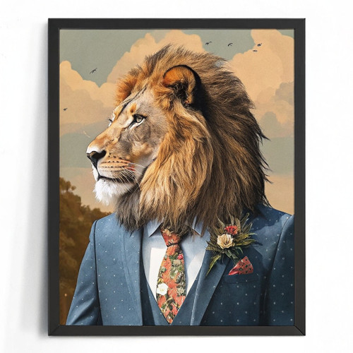 Vintage Lion In A Suit Print Animal Wall Art Framed Picture Lion Artwork Gift Po