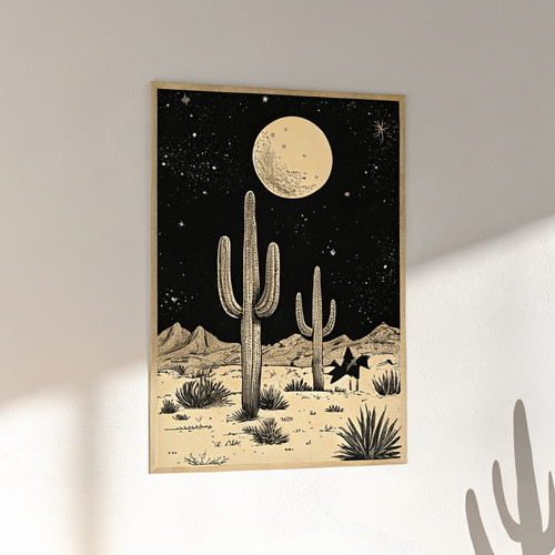 Cactus under moon in desert wall art print - Cactus under moonlight nighttime de