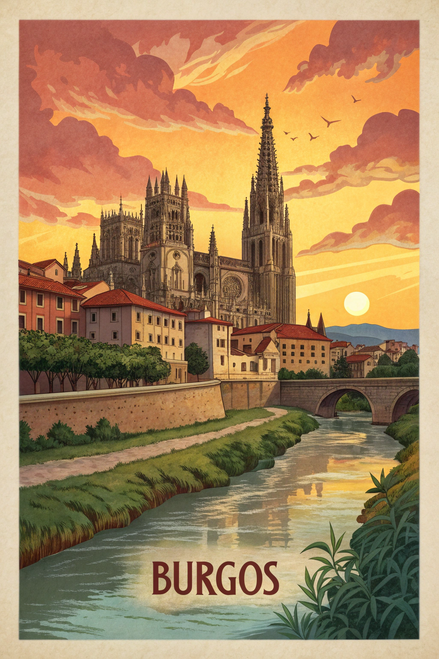 Historic Burgos Spain Travel Poster - Gothic Cathedral and Arlanzón river Art Pr