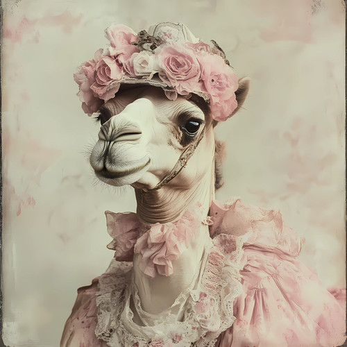 Lady Camel with a delicate pink floral headpiece, which includes a variety of pi