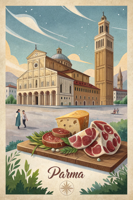 Gorgeous Parma Italy Travel Poster - Vintage Style Opera and Prosciutto Print Po