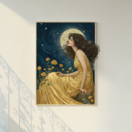 Female under beautiful full moon vintage style art print - Mystical celestial co