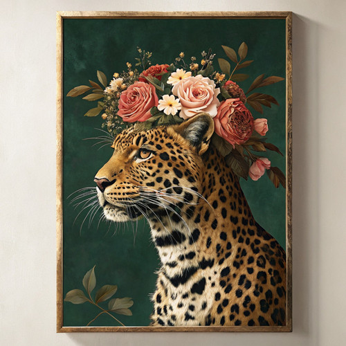 Elegant maximalist floral leopard art print - bold fun animal portrait altered a