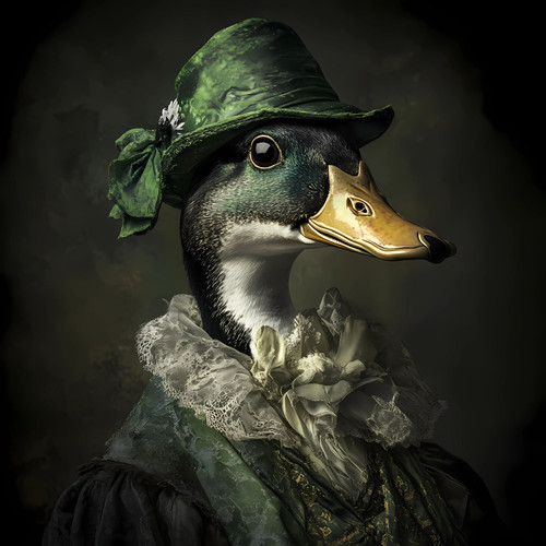 Lady duck in green hat whit white flower Poster Canvas Print Art Painting Decor