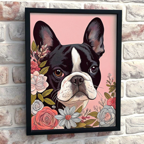 French Bulldog Print Cute Frenchie Wall Art Pink Flowers Print Dog Gift Artwork