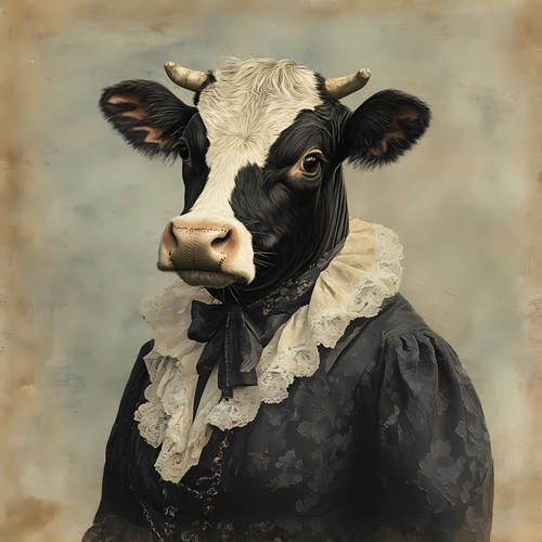 Lady Cow in a black, lace-like outfit with a ruffled collar and a decorative bow