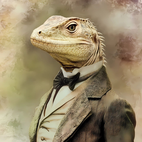 Lord Lizard in a formal suit, complete with a bow-tie, a crisp white shirt, and